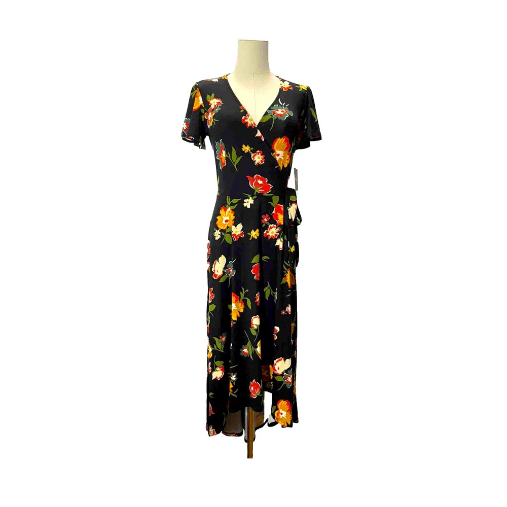 Black dress with floral print, high low cut, size S